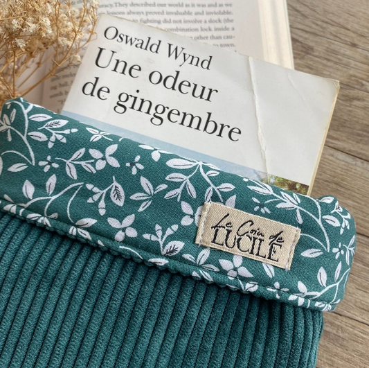 Pochette pour livre de poche, broché, liseuse - Velours côtelé et coton à fleurs vert sapin