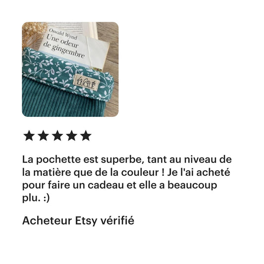 Pochette pour livre de poche, broché, liseuse - Velours côtelé et coton à fleurs vert sapin
