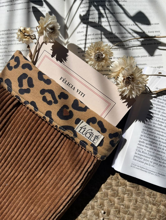Pochette pour livre de poche, broché, liseuse - Velours côtelé et coton léopard